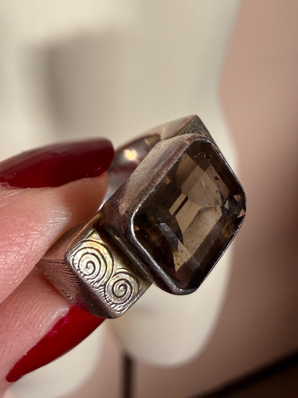 Vintage modernist Sterling silver Smokey Quartz Emerald cut Oversized Ring Sz 6